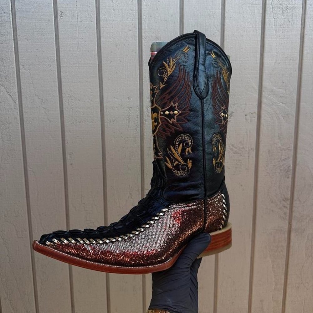 #84 Black Coca-Cola Style Boot with Side Detail of Brown Fabric, Style Model 690